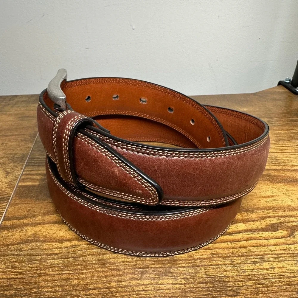 Johnston & Murphy Mens Brown Leather Dress Belt Triple Stitch Size 44 75-7312‎